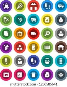 White Solid Icon Set- washing powder vector, cereal, pasta, delivery, wood box, no trolley, hook, warehouse, package, cargo search, pills bottle, drop counter, relocation truck, gift