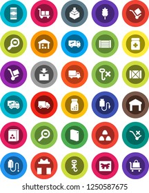 White Solid Icon Set- washing powder vector, cereal, pasta, delivery, wood box, cargo, no trolley, hook, warehouse, package, search, pills bottle, drop counter, relocation truck, gift