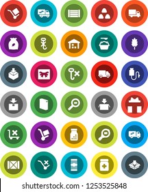 White Solid Icon Set- washing powder vector, cereal, pasta, delivery, wood box, cargo, no trolley, hook, warehouse, package, search, pills bottle, drop counter, relocation truck, gift