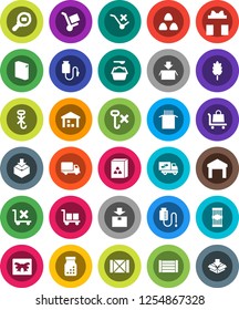 White Solid Icon Set- washing powder vector, cereal, pasta, delivery, wood box, cargo, no trolley, hook, warehouse, package, search, pills bottle, drop counter, relocation truck, gift