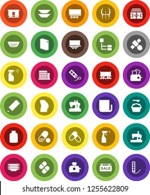 White Solid Icon Set- washing powder vector, sprayer, plates, colander, jar, pencil, stadium, buttocks, pills, Railway carriage, satellite, truck trailer, newspaper, hierarchy, sale signboard