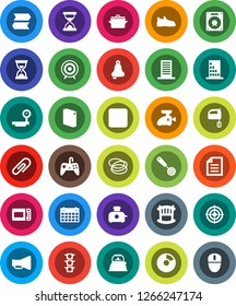 White Solid Icon Set- washing powder vector, pan, kettle, skimmer, mixer, bell, document, pie graph, sand clock, snickers, target, calendar, hoop, traffic light, big scales, loudspeaker, rec button