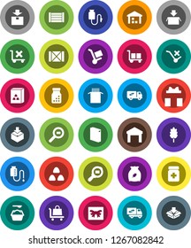 White Solid Icon Set- washing powder vector, cereal, pasta, wood box, cargo, no trolley, warehouse, package, search, pills bottle, drop counter, relocation truck, gift