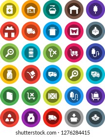 White Solid Icon Set- washing powder vector, cereal, pasta, delivery, wood box, cargo, no trolley, hook, warehouse, package, search, pills bottle, drop counter, relocation truck, gift