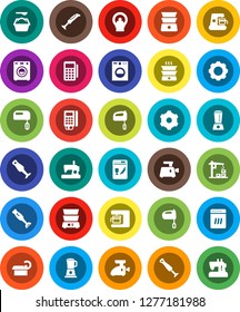 White Solid Icon Set- washing powder vector, mixer, double boiler, blender, tomography, gear, washer, construction crane, card reader, dishwasher, coffee maker, meat grinder, sewing machine