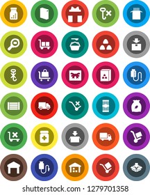 White Solid Icon Set- washing powder vector, cereal, pasta, delivery, wood box, cargo, no trolley, hook, warehouse, package, search, pills bottle, drop counter, gift