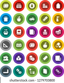 White Solid Icon Set- washing powder vector, sprayer, plates, cookbook, jar, pasta, pencil, corner ruler, apple fruit, coin stack, stadium, pills, newspaper, hierarchy, stop, sale signboard, toaster