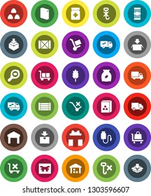 White Solid Icon Set- washing powder vector, cereal, pasta, delivery, wood box, cargo, no trolley, hook, warehouse, package, search, pills bottle, drop counter, relocation truck, gift
