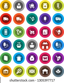 White Solid Icon Set- washing powder vector, cereal, pasta, delivery, wood box, cargo, no trolley, hook, warehouse, package, search, pills bottle, drop counter, relocation truck, gift