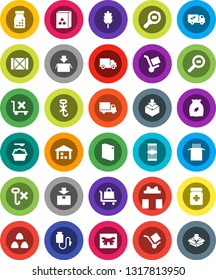 White Solid Icon Set- washing powder vector, cereal, pasta, delivery, wood box, cargo, no trolley, hook, warehouse, package, search, pills bottle, drop counter, relocation truck, gift