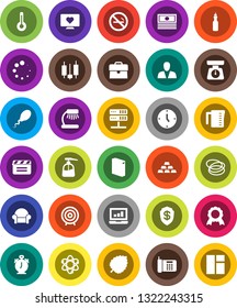 White Solid Icon Set- washing powder vector, liquid soap, measuring cup, scales, oil, atom, table lamp, alarm clock, medal, leaf, japanese candle, laptop graph, cash, case, target, gold ingot, hoop