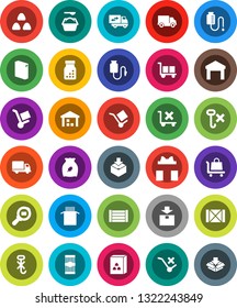White Solid Icon Set- washing powder vector, cereal, pasta, delivery, wood box, cargo, no trolley, hook, warehouse, package, search, pills bottle, drop counter, relocation truck, gift
