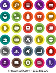 White Solid Icon Set- washing powder vector, sprayer, plates, cookbook, jar, corner ruler, money search, hierarchy, stadium, buttocks, Railway carriage, satellite, truck trailer, stop, apartments