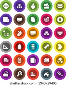White Solid Icon Set- washing powder vector, plates, jar, pasta, pencil, corner ruler, apple fruit, coin stack, money search, hierarchy, buttocks, pills, stadium, satellite, truck trailer, newspaper