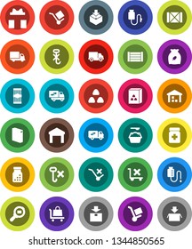 White Solid Icon Set- washing powder vector, cereal, pasta, delivery, wood box, cargo, no trolley, hook, warehouse, package, search, pills bottle, drop counter, relocation truck, gift