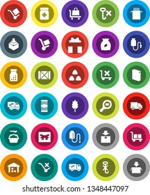 White Solid Icon Set- washing powder vector, cereal, pasta, delivery, wood box, cargo, no trolley, hook, warehouse, package, search, pills bottle, drop counter, relocation truck, gift