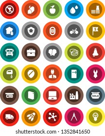 White Solid Icon Set- washing powder vector, drawing compass, apple fruit, bell, school bus, case, dollar flag, bike, boxing glove, swimsuite, molecule, shuttlecock, no alcohol sign, hoop, stadium