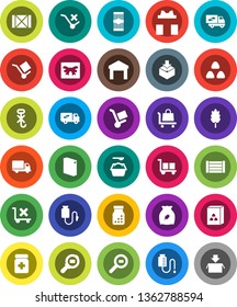 White Solid Icon Set- washing powder vector, cereal, pasta, delivery, wood box, cargo, no trolley, hook, warehouse, package, search, pills bottle, drop counter, relocation truck, gift