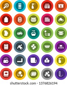 White Solid Icon Set- washing powder vector, sprayer, colander, cookbook, plates, jar, pasta, corner ruler, money search, hierarchy, stadium, buttocks, pills, satellite, Railway carriage, newspaper