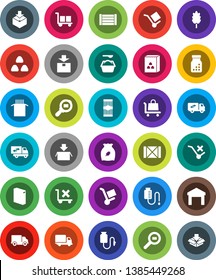 White Solid Icon Set- washing powder vector, cereal, pasta, delivery, wood box, cargo, no trolley, warehouse, package, search, pills bottle, drop counter, relocation truck