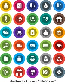 White Solid Icon Set- washing powder vector, cereal, pasta, delivery, wood box, cargo, no trolley, hook, warehouse, package, search, pills bottle, drop counter, relocation truck, gift