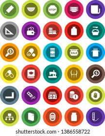 White Solid Icon Set- washing powder vector, plates, colander, cookbook, jar, pasta, pencil, corner ruler, coin stack, money search, stadium, buttocks, pills, newspaper, hierarchy, stop, apartments