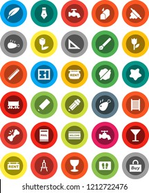 White Solid Icon Set- water tap vector, splotch, welcome mat, washboard, rolling pin, chicken leg, pen, pencil, corner ruler, drawing compass, Railway carriage, glass, tulip, broken bone, mailbox