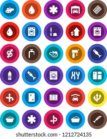White Solid Icon Set- water drop vector, window cleaning, toilet brush, washer, foam basin, shining, blender, dollar growth, bottle, route, ambulance star, gender sign, pills blister, chromosomes