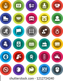 White Solid Icon Set- water tap vector, welcome mat, colander, bbq, flag, exchange, binder, muscule hand, roller Skates, no smoking, run, earth, traffic light, shelving, speaking man, speaker, flask