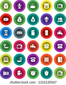 White Solid Icon Set- water tap vector, washboard, kettle, alarm clock, abacus, money bag, sand, phone, big scales, tv, video camera, microphone, classic, fridge, closed, kitchen, sewing machine