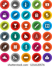 White Solid Icon Set- water tap vector, washboard, rolling pin, thermometer, chicken leg, pen, pencil, corner ruler, drawing compass, glass, tulip, Railway carriage, hdmi, broken bone, plan, toaster