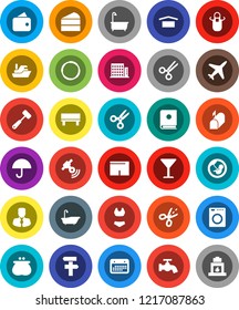 White Solid Icon Set- water tap vector, bath, apron, meat hammer, cake, scissors, manager, shorts, swimsuite, hoop, plane, ship, calendar, glass, umbrella, dry cargo, satellitie, pregnancy, bench