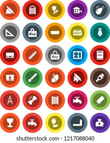White Solid Icon Set- water tap vector, washboard, rolling pin, chicken leg, pen, pencil, corner ruler, drawing compass, Railway carriage, glass, tulip, hdmi, broken bone, cottage, mailbox, plan