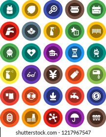 White Solid Icon Set- water tap vector, drying clothes, sprayer, bbq, glasses, backpack, leaf, dollar coin, sand clock, yen sign, molecule, stadium, umbrella, flammable, barcode, heart cross, mixer