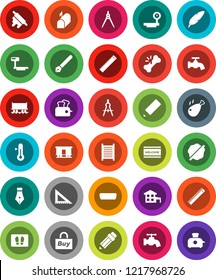 White Solid Icon Set- water tap vector, splotch, welcome mat, washboard, rolling pin, thermometer, chicken leg, pen, pencil, corner ruler, drawing compass, Railway carriage, big scales, hdmi, buy