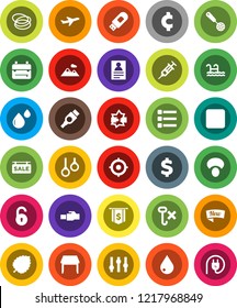 White Solid Icon Set- water drop vector, skimmer, mushroom, backpack, personal information, leaf, target, dollar flag, cent sign, hoop, gymnast rings, plane, no hook, settings, stop button, hdmi