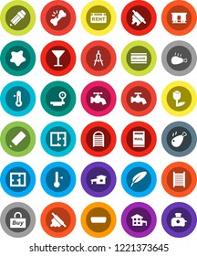 White Solid Icon Set- water tap vector, splotch, welcome mat, washboard, rolling pin, thermometer, chicken leg, pen, pencil, drawing compass, glass, tulip, big scales, Railway carriage, hdmi, plan