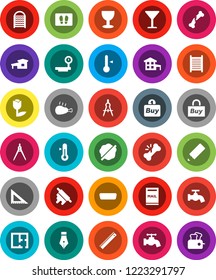 White Solid Icon Set- water tap vector, splotch, welcome mat, washboard, rolling pin, thermometer, chicken leg, pen, pencil, corner ruler, drawing compass, glass, tulip, big scales, hdmi, cottage