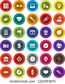 White Solid Icon Set- water tap vector, ladle, mixer, notebook pc, leaf, constellation, bank, pie graph, clock, target, dollar calendar, cursor, sign, heart pulse, monitor, phone, protected, eye