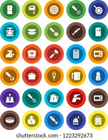 White Solid Icon Set- water tap vector, pan, kettle, measuring cup, scales, cook press, whisk, skimmer, ladle, meat hammer, hand mill, grater, toaster, microwave oven, spices, blender, plates, sieve