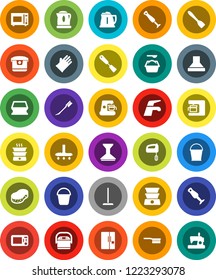 White Solid Icon Set- water tap vector, vacuum cleaner, fetlock, mop, bucket, sponge, car, washing powder, rubber glove, kettle, spatula, microwave oven, blender, fridge, mixer, coffee maker, hood