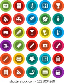 White Solid Icon Set- water tap vector, splotch, welcome mat, washboard, rolling pin, thermometer, pen, pencil, ruler, Railway carriage, glass, tulip, big scales, broken bone, cottage, mailbox, plan