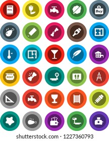 White Solid Icon Set- water tap vector, splotch, welcome mat, washboard, thermometer, chicken leg, pen, pencil, corner ruler, drawing compass, glass, tulip, big scales, hdmi, broken bone, cottage