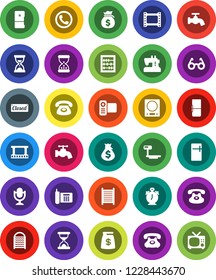 White Solid Icon Set- water tap vector, washboard, glasses, alarm clock, abacus, money bag, sand, phone, big scales, film frame, video camera, microphone, classic, fridge, closed, kitchen, tv