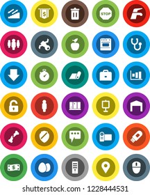 White Solid Icon Set- water tap vector, trash bin, shining window, egg, case, apple fruit, presentation, graph, man, arrow down, dollar flag, stopwatch, stairways run, fitness mat, satellite, shield
