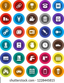 White Solid Icon Set- water tap vector, clothespin, trash bin, drying clothes, plates, scales, microwave oven, blender, jug, copybook, clock, snickers, calendar, sorting, gamepad, classic phone, key