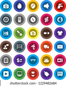 White Solid Icon Set- water tap vector, skimmer, cutting board, egg, compass, exchange, graph, swimsuite, t shirt, skateboard, first aid kit, earth, ship, delivery, shelving, camera, speaker, potion