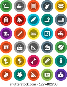 White Solid Icon Set- water tap vector, splotch, welcome mat, washboard, rolling pin, chicken leg, pen, pencil, corner ruler, tulip, big scales, Railway carriage, broken bone, cottage, plan, mailbox