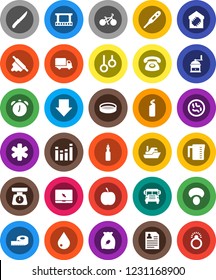 White Solid Icon Set- water drop vector, cleaning agent, measuring cup, scales, knife, rolling pin, hand mill, sieve, cereal, mushroom, oil, alarm clock, school bus, arrow down, personal information