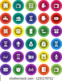 White Solid Icon Set- water tap vector, washboard, glasses, alarm clock, abacus, money bag, sand, phone, big scales, tv, video camera, microphone, classic, fridge, kitchen, sewing machine